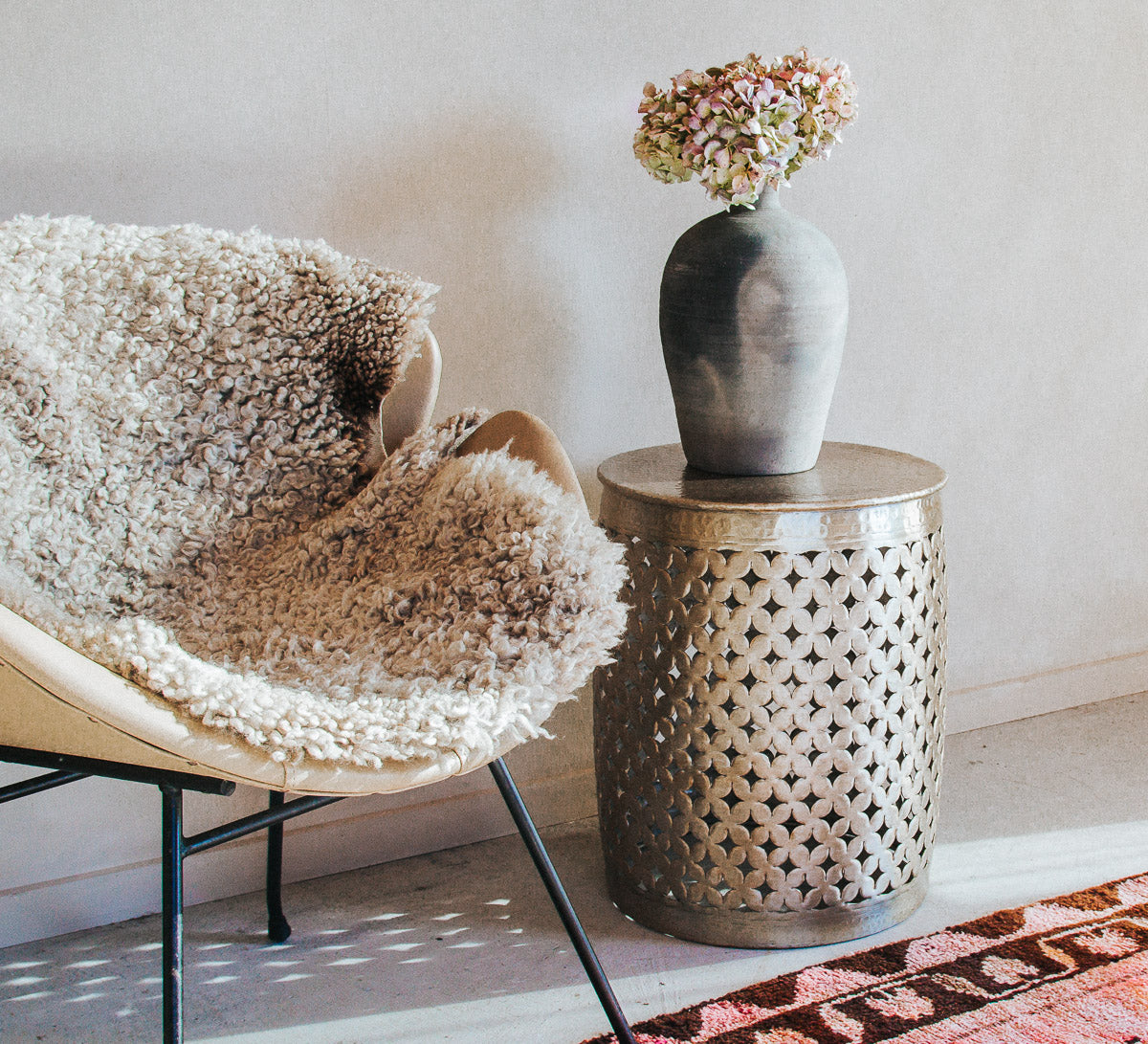 designer boho scandi aluminium cutout hammered metal drum side table