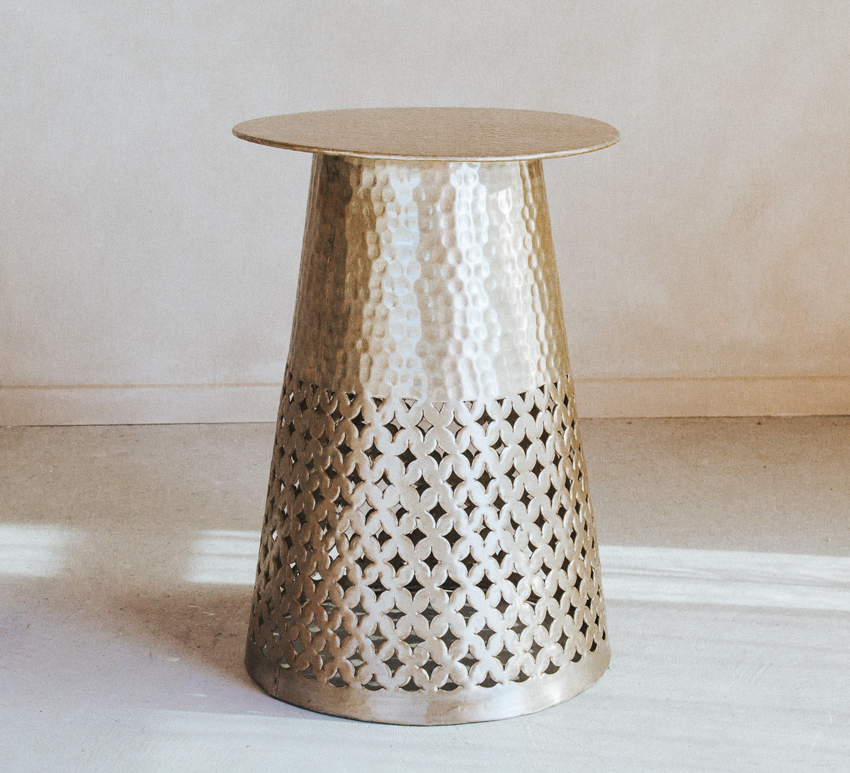 designer boho scandi aluminium cutout hammered metal side table