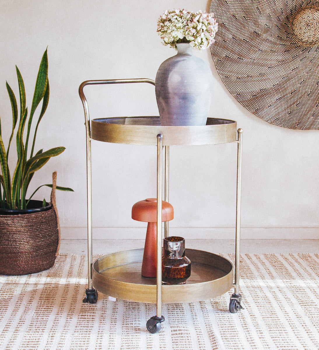 Vintage boho dante metal brass trolley drinks bar cart  with handle and 2 trays