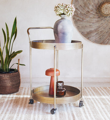 Vintage boho dante metal brass trolley drinks bar cart  with handle and 2 trays