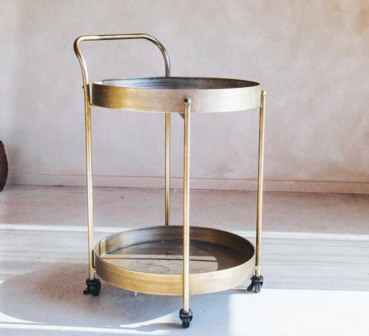 Vintage boho dante metal brass trolley drinks bar cart  with handle and 2 trays