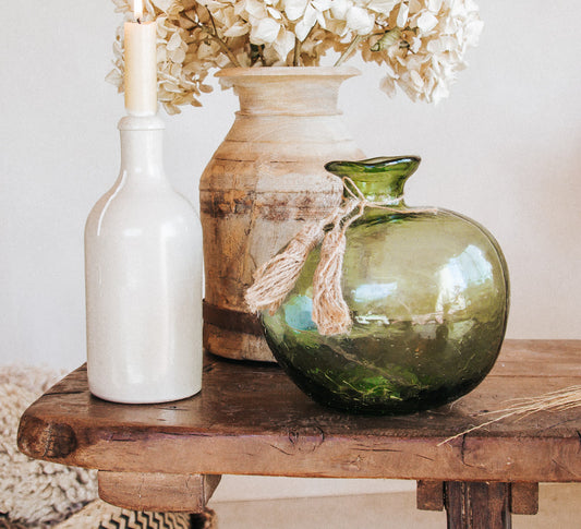 boho handmade glass organic vase made by madam stoltz with jute tassles