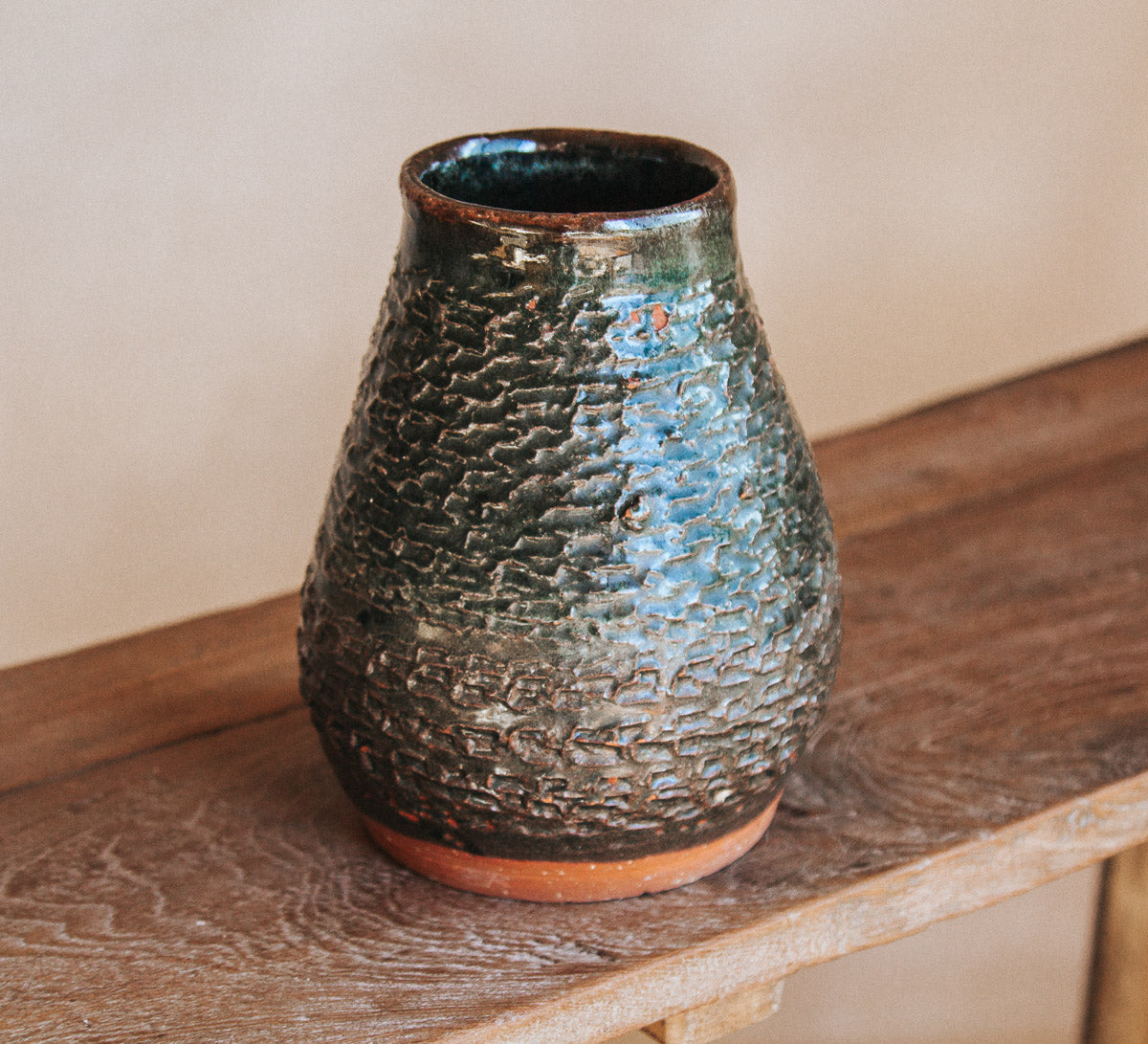 vintage boho textured studio pottery vase in dark green