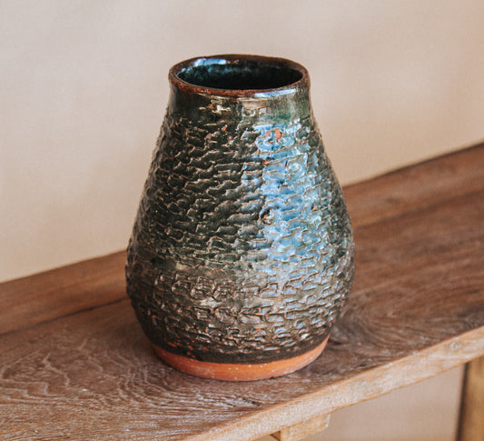 vintage boho textured studio pottery vase in dark green