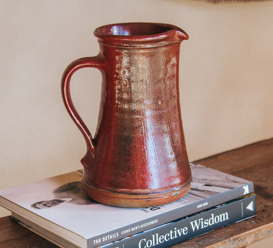 vintage studio pottery pitcher jug in burgandy glaze