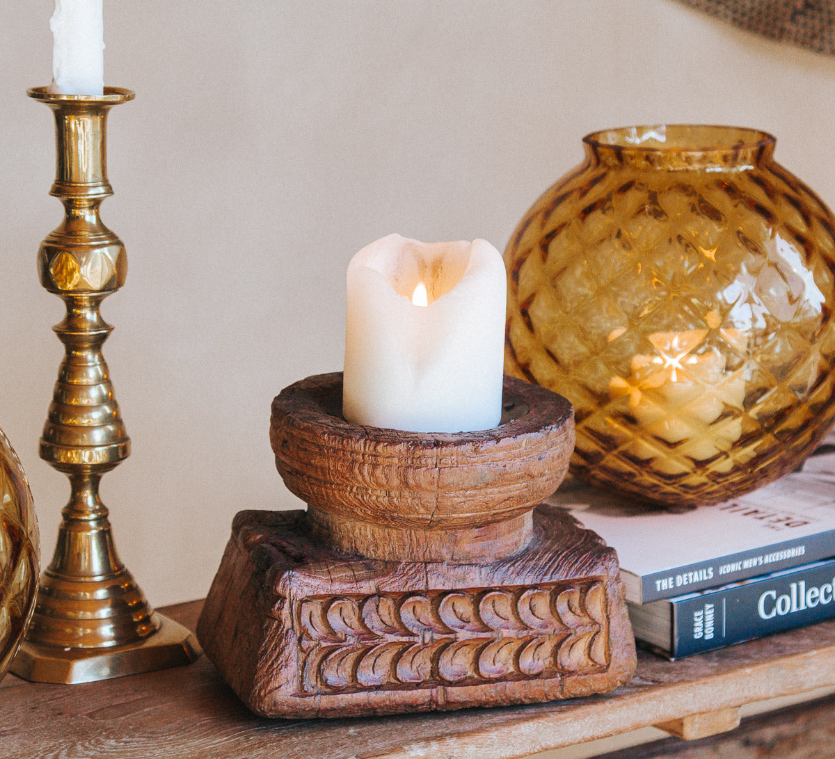 vintage boho amber glass candle holder