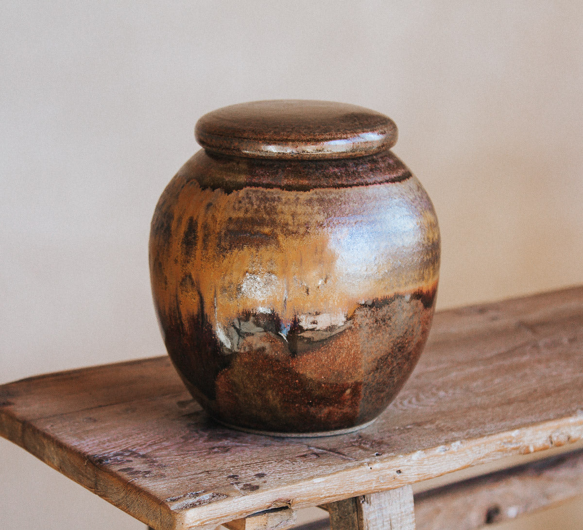 vintage boho earthy pottery storage vessel in earthy brown tones