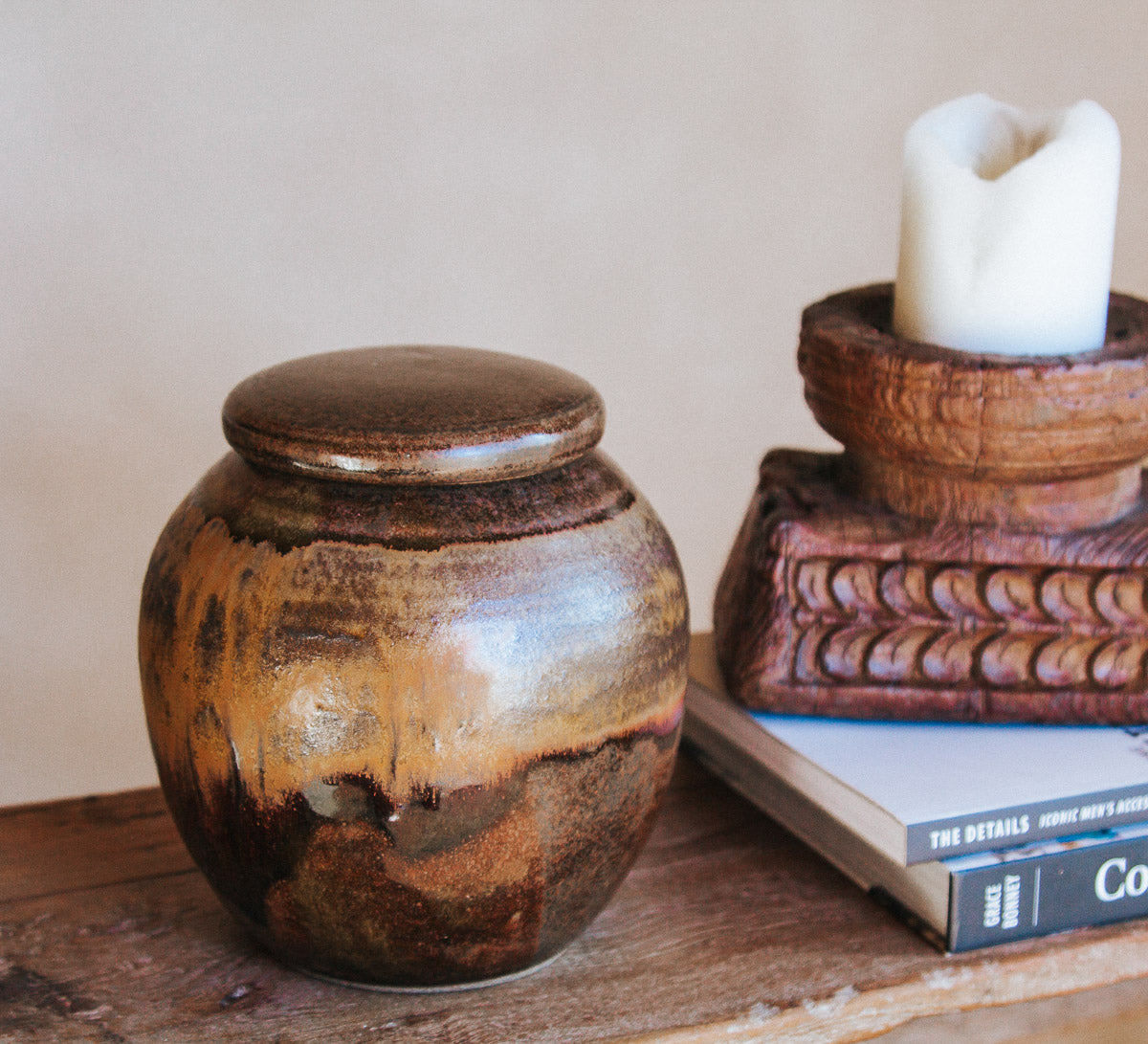 vintage boho earthy pottery storage vessel in earthy brown tones