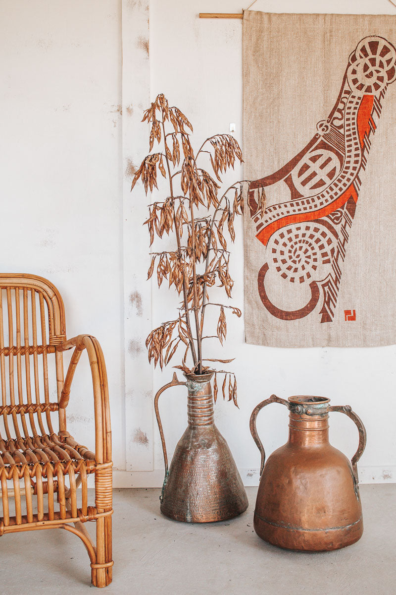 Antique boho bohemian metal handmade turkish moroccan beaten copper pitcher jug vase