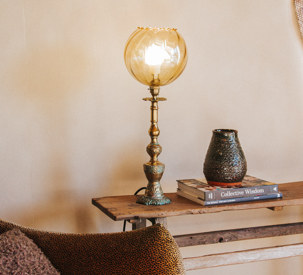 vintage boho brass lamp with amber gold glass shade