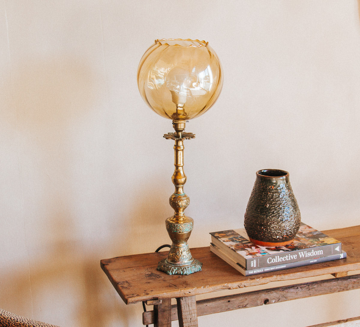 vintage boho brass lamp with amber gold glass shade