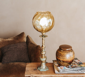 vintage boho brass lamp with amber gold glass shade