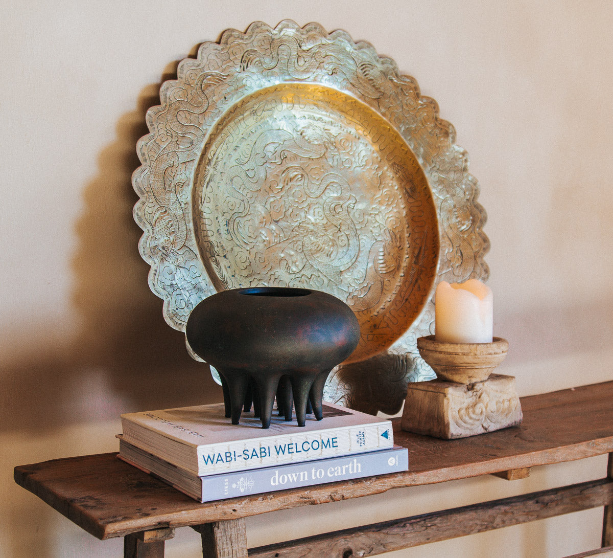 vintage boho bohemian brass tray with scalloped edge