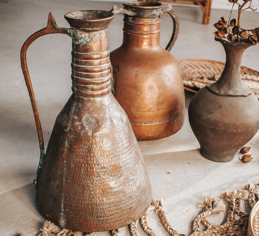 Antique boho bohemian metal handmade turkish moroccan beaten copper pitcher jug vase