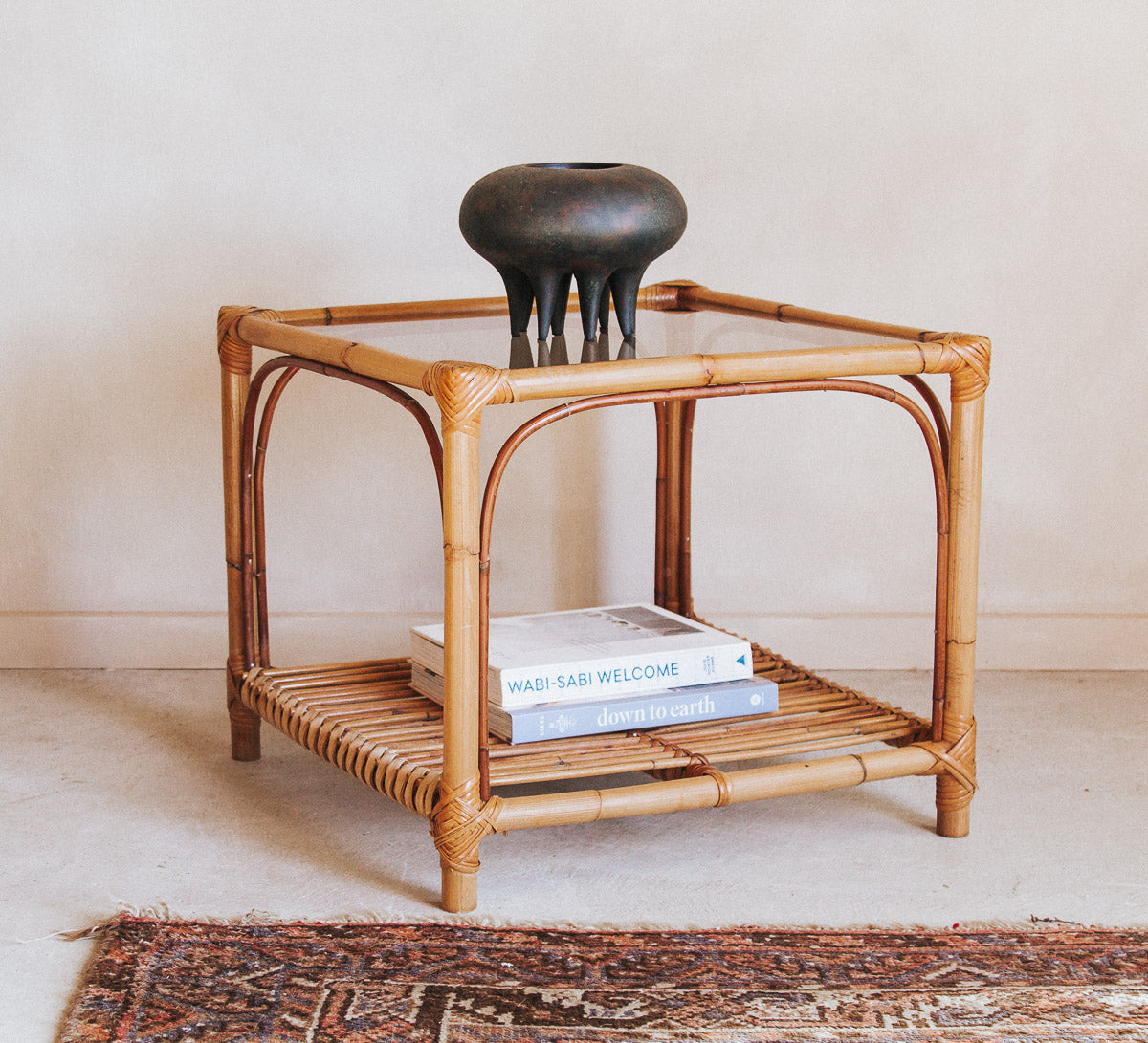 vintage boho cane bamboo side coffee table with glass top