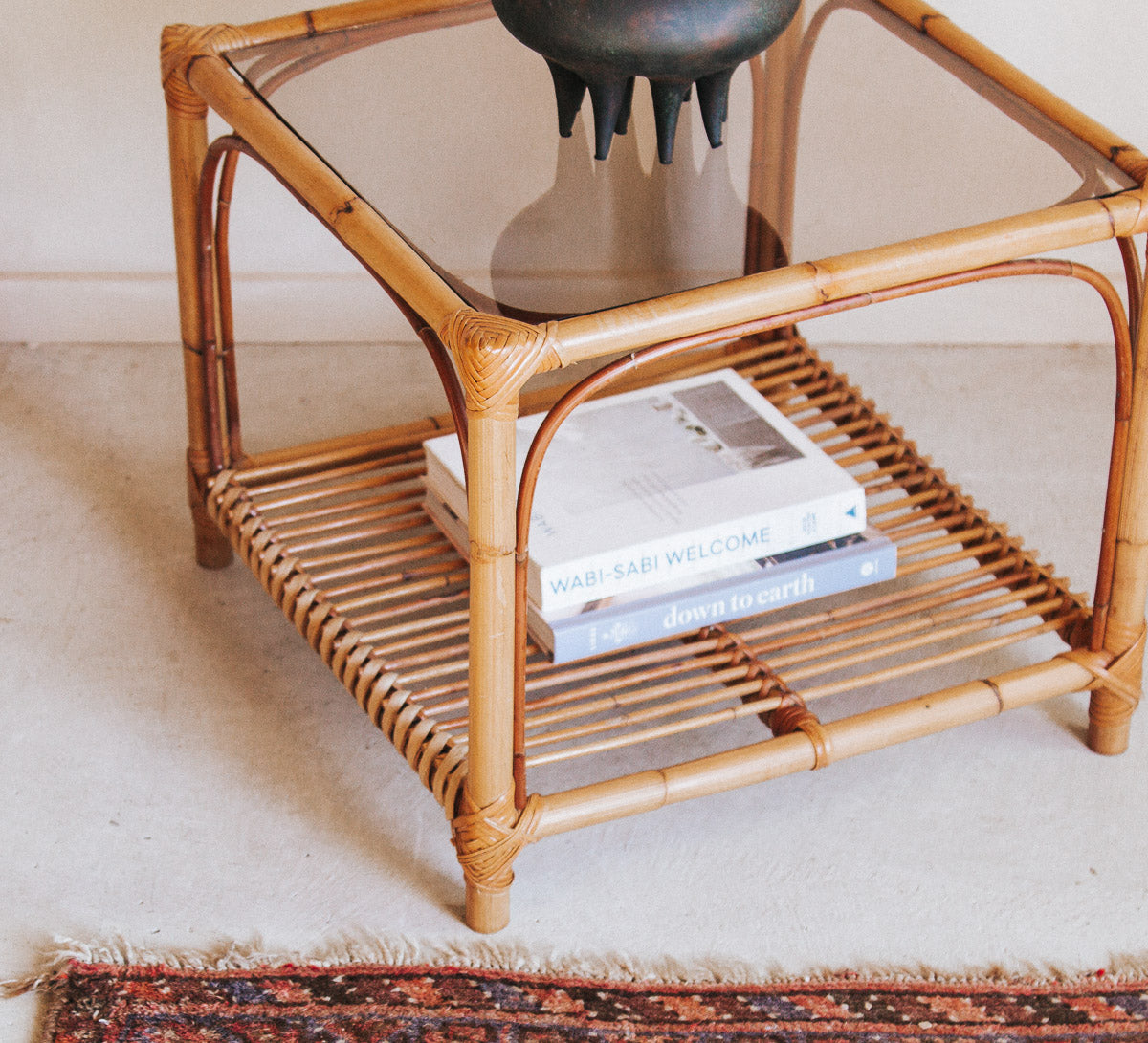 vintage boho cane bamboo side coffee table with glass top