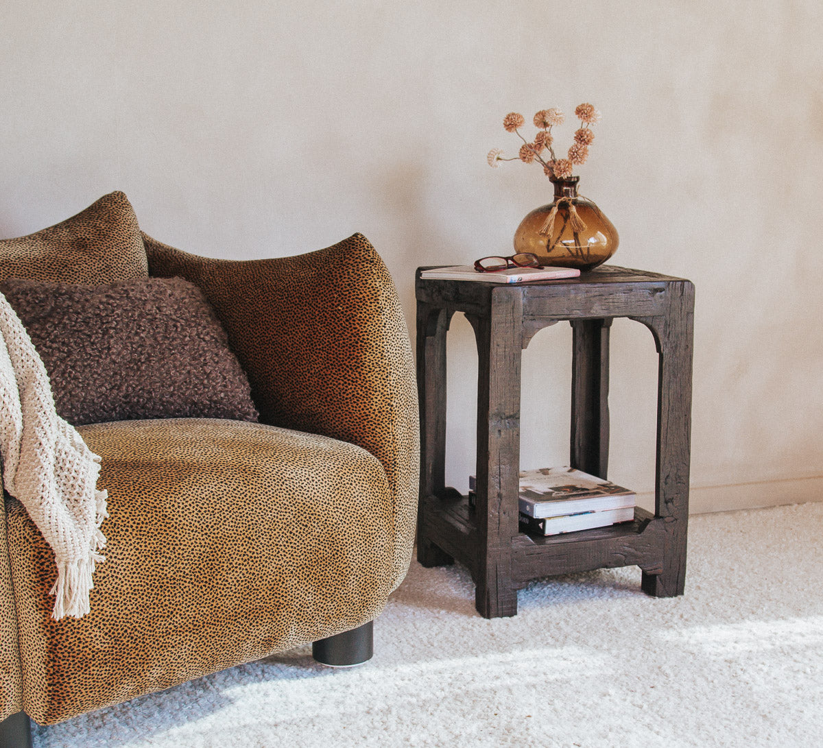 rustic  designer boho reclaimed wooden chunky side table with magazine rack holder 
