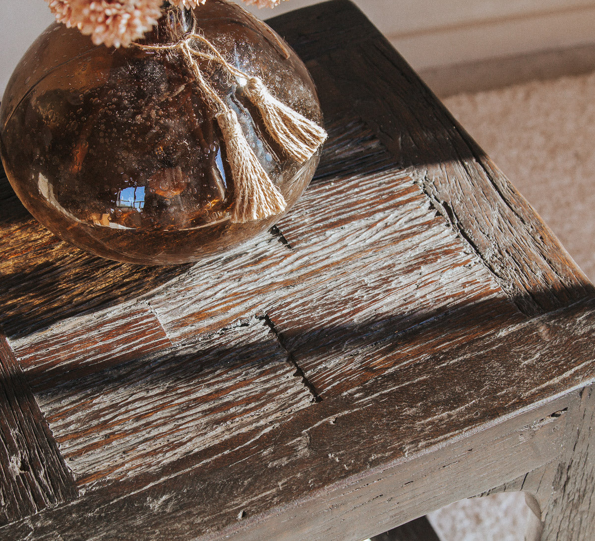 rustic  designer boho reclaimed wooden chunky side table with magazine rack holder 