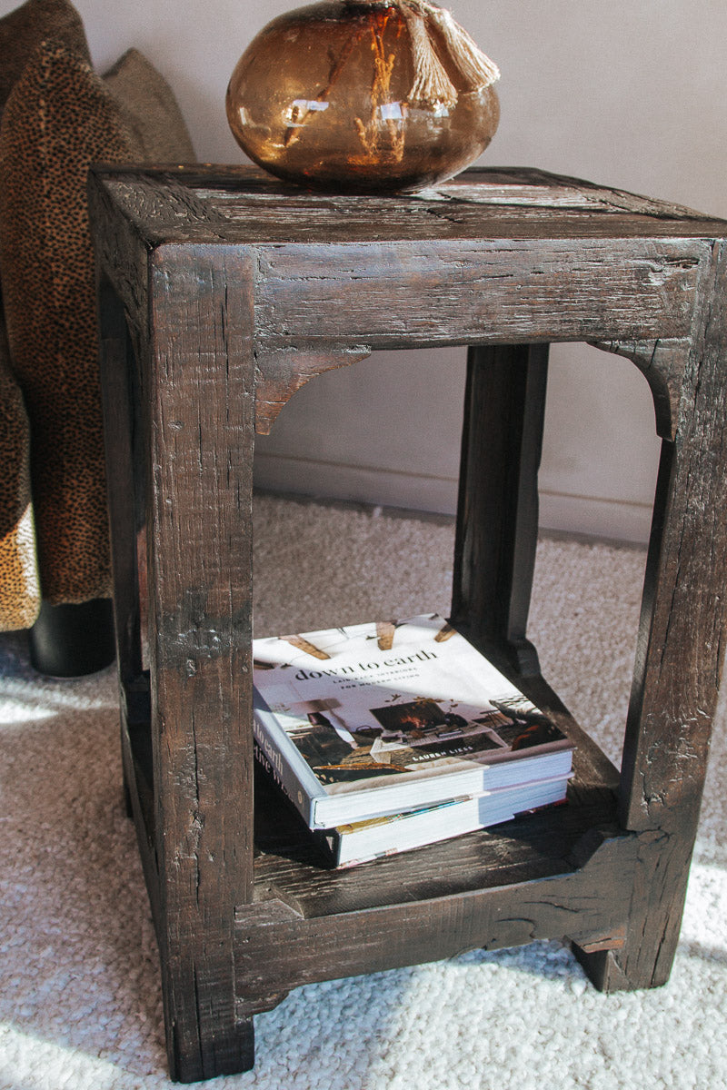 rustic  designer boho reclaimed wooden chunky side table with magazine rack holder 