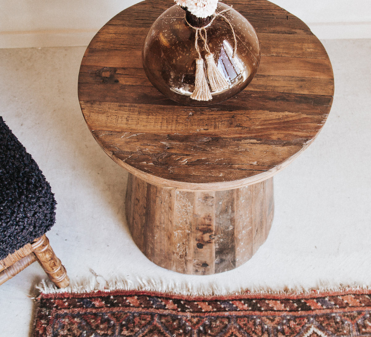 Solid reclaimed timber with a warm natural finish
Chunky rounded form with unique grain and character
Each piece has its own variations and markings