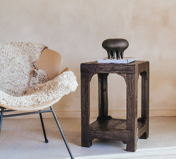 rustic  designer boho reclaimed wooden chunky side table with magazine rack holder 