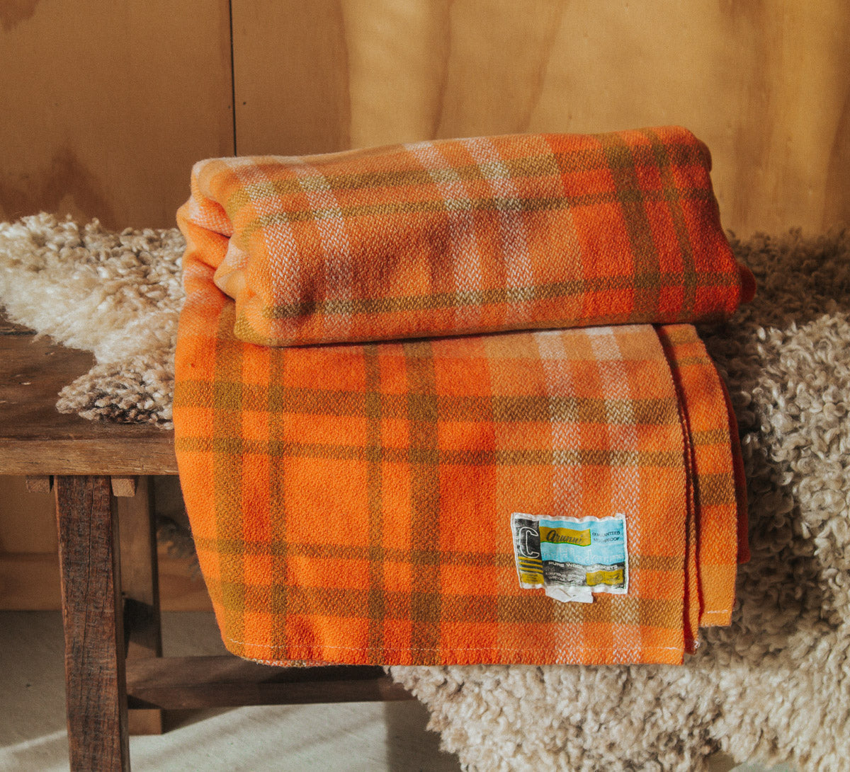 vintage boho retro plaid nz wool woollen blanket in orange and green check made by Aranui made in NZ