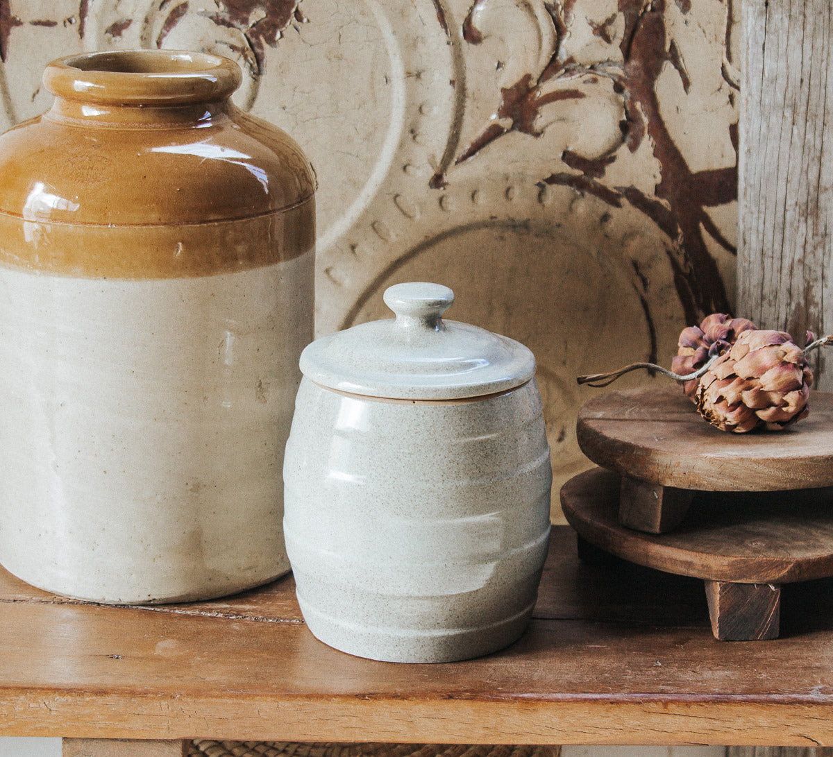 vintage boho retro large stone crock storage jar vase