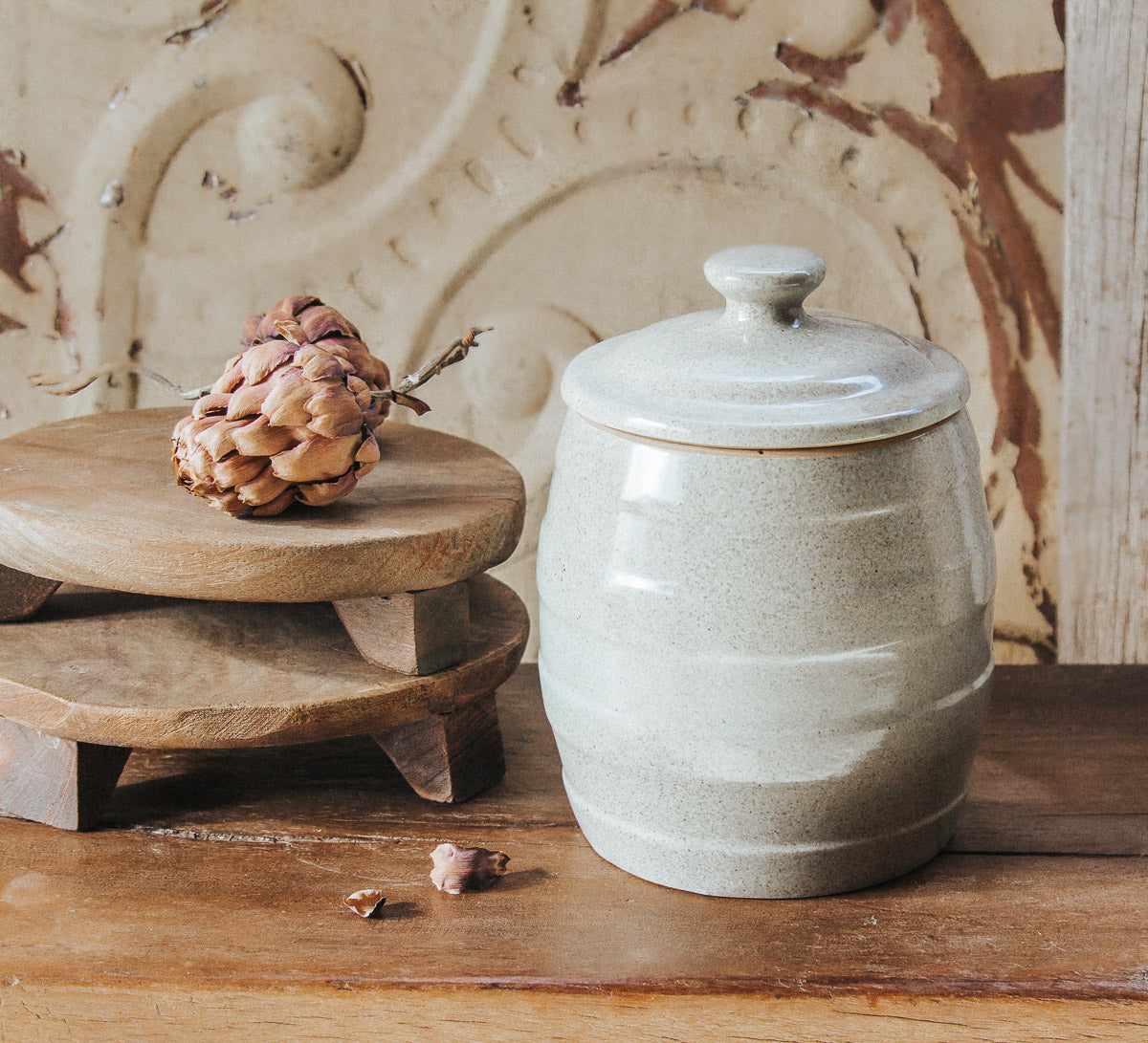 vintage retro pottery storage vessel jar biscuit barrel made in nz by crofterware