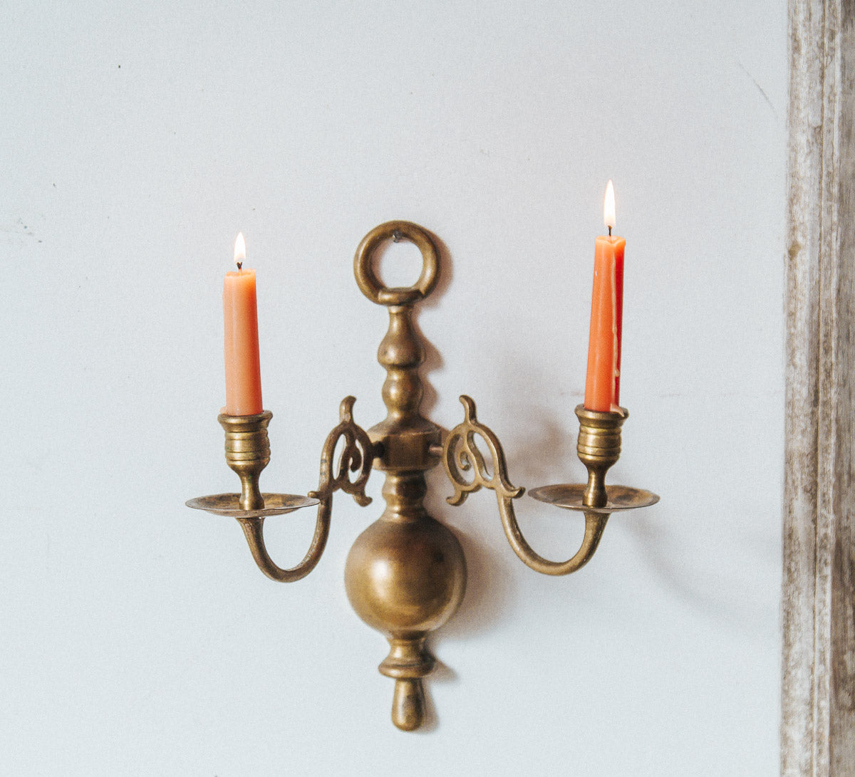 vintage brass wall hun candle holder with scroll
