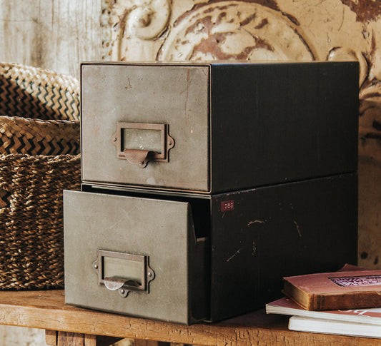 vintage metal filing storage drawers, old boho library card index drawers in army green
