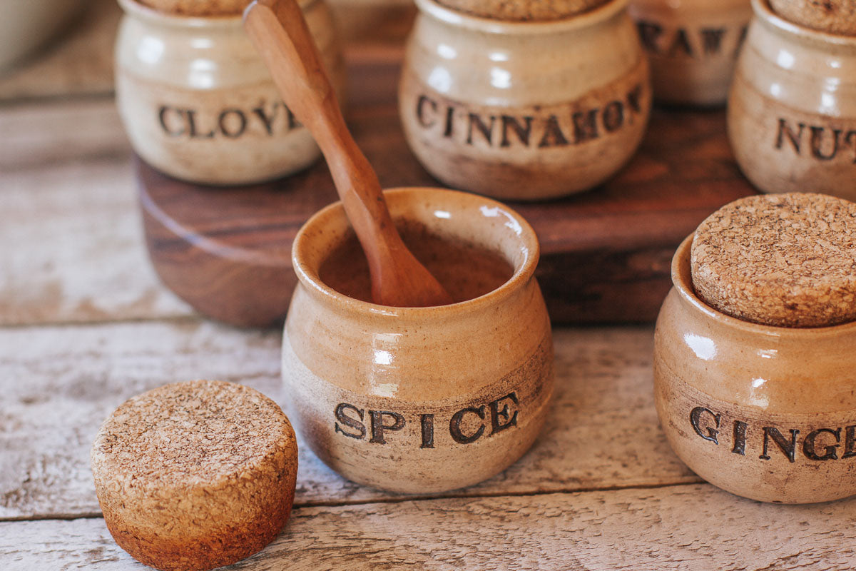 vintage homewares boho pottery spice jars with cork lids