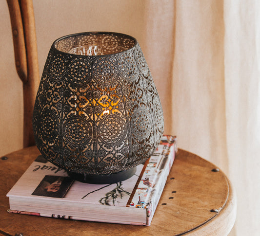 boho filigree metal hurricane candle holder 
