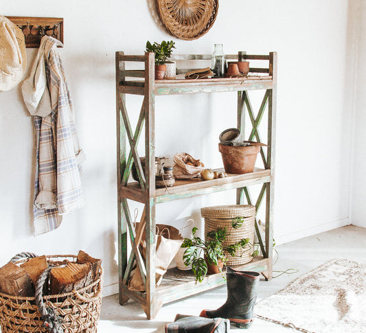 vintage boho wooden recycled timber bakers shelf rack shelving