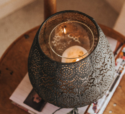 boho filigree metal hurricane candle holder 