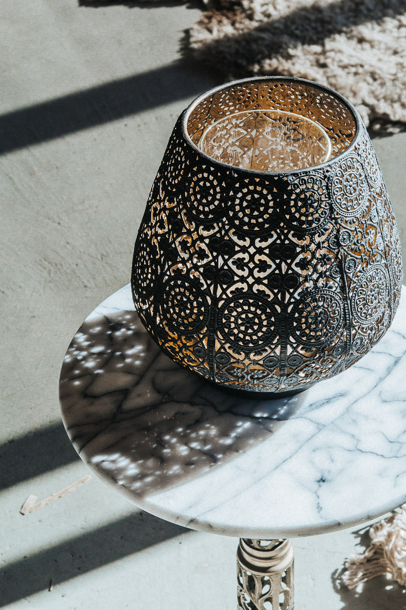 boho filigree metal hurricane candle holder 