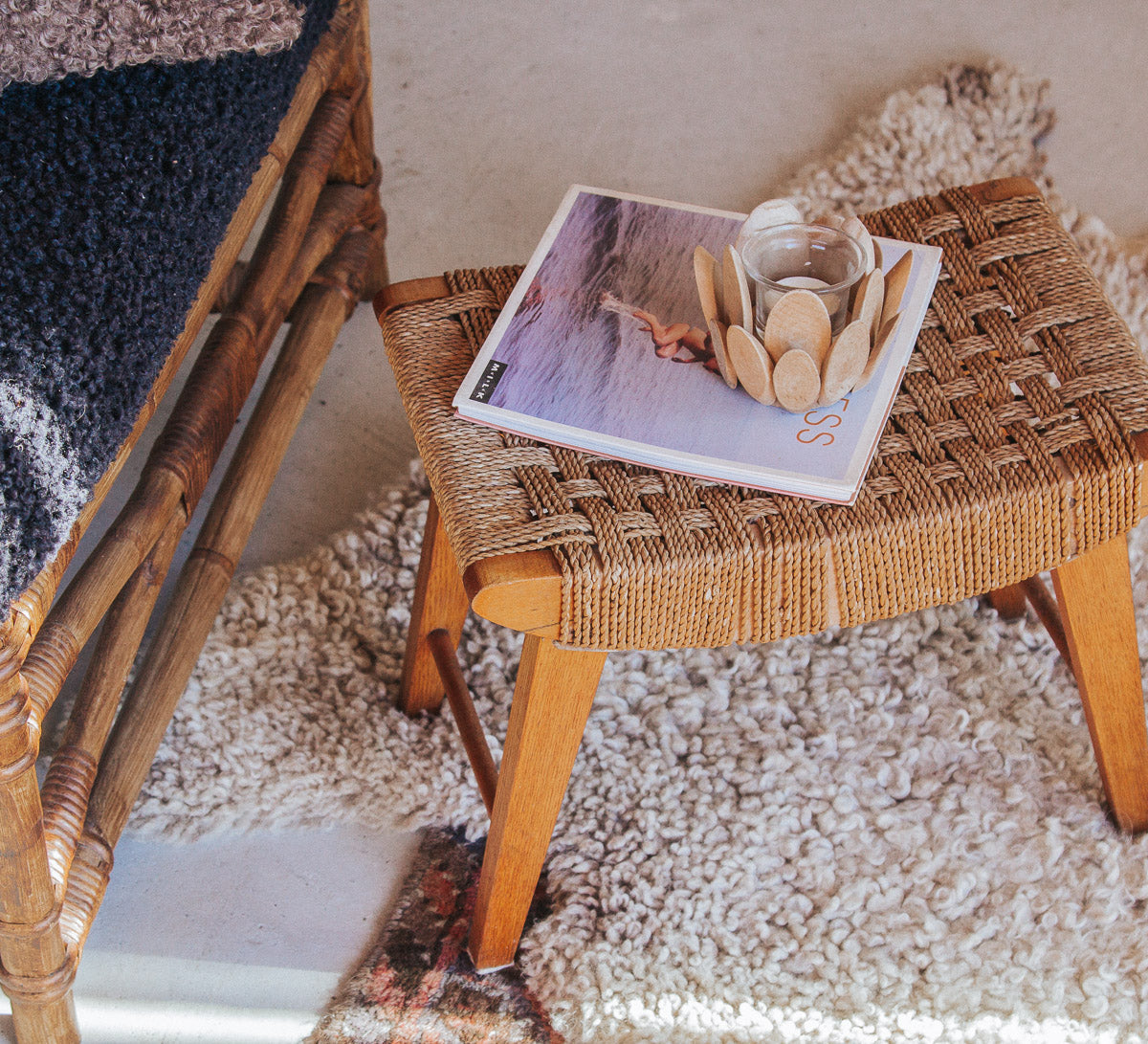 vintage boho seagrass wooden antique stool