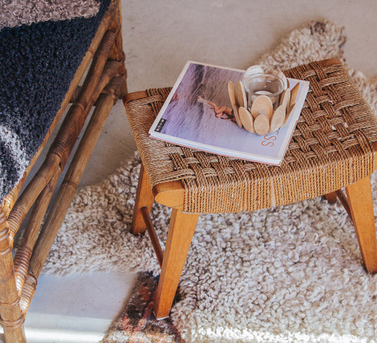 vintage boho seagrass wooden antique stool