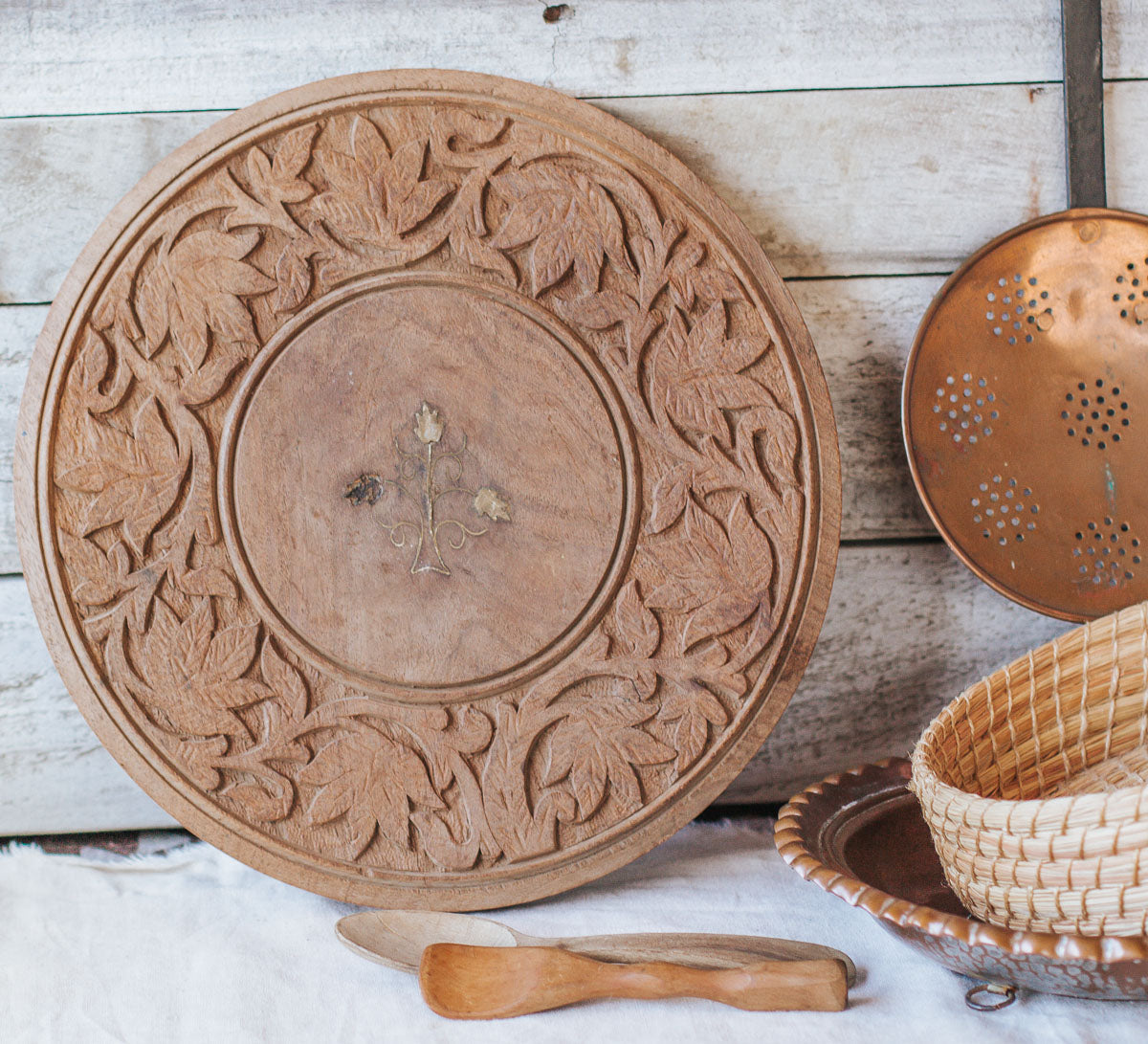 vintage boho indian hand-carved serving tray platter