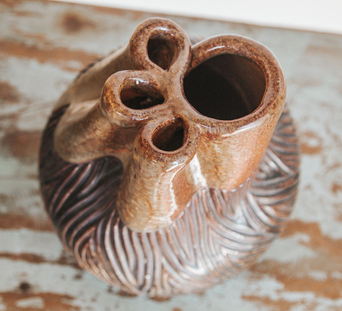 vintage boho rustic textured pottery vase in warm earthy tones