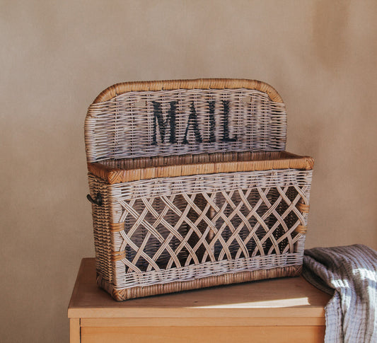vintage boho cane rattan mail storage basket