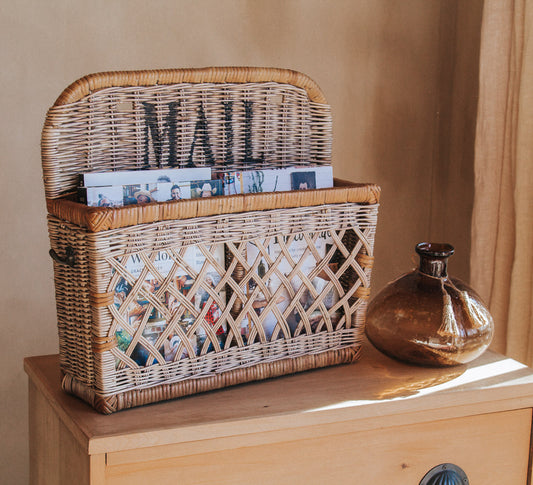 vintage boho cane rattan mail storage basket