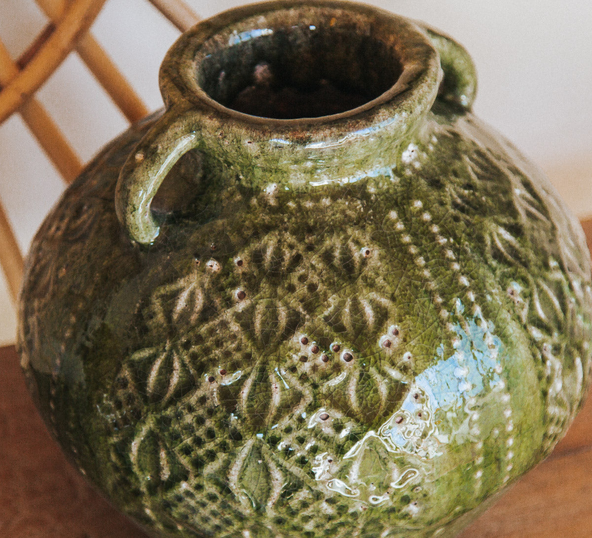 siracusa earthy textured boho designer style urn in an olive green glaze