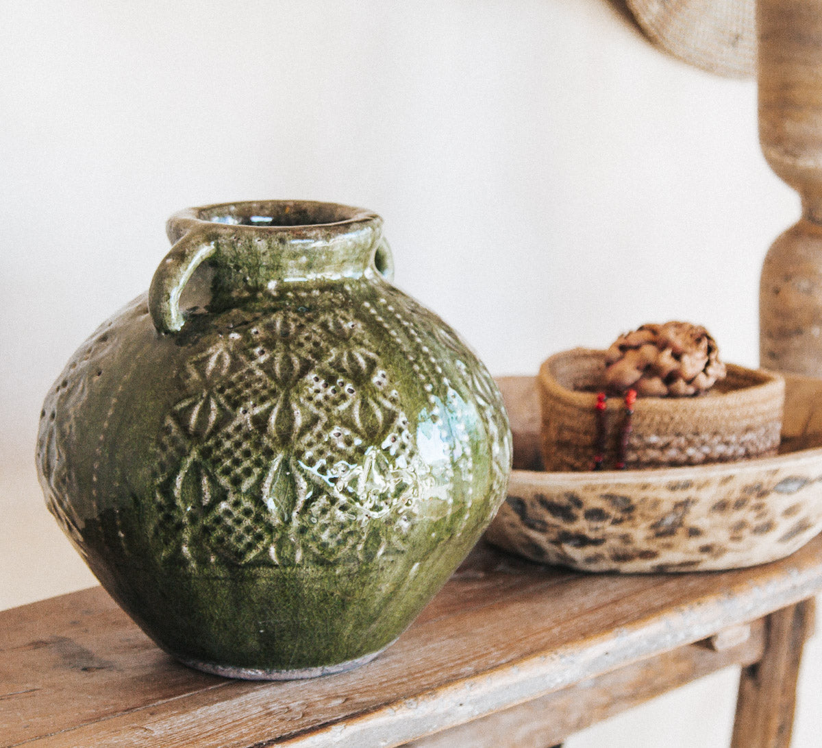 siracusa earthy textured boho designer style urn in an olive green glaze