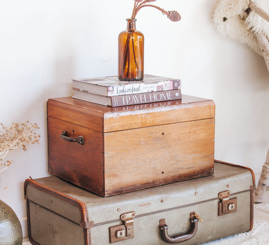 vintage boho wooden storage box with brass handles