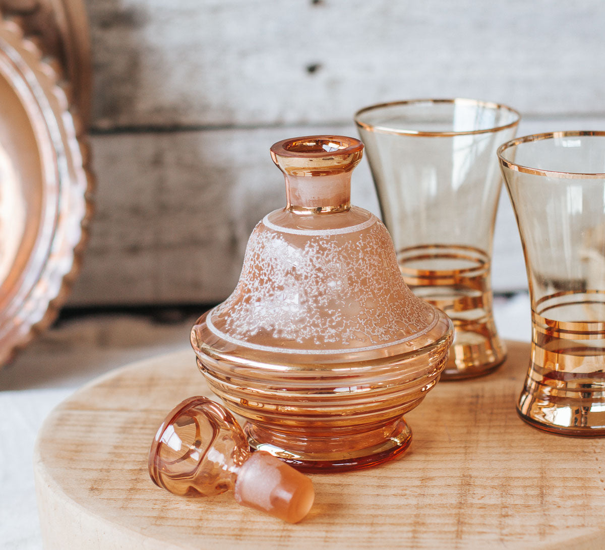 vintage boho blush and gold mini decanter with stopper 