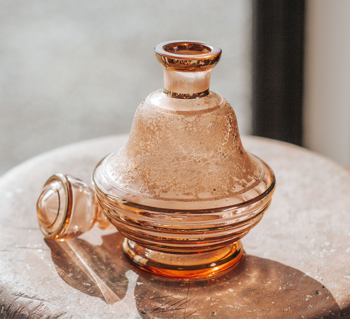 vintage boho blush and gold mini decanter with stopper 