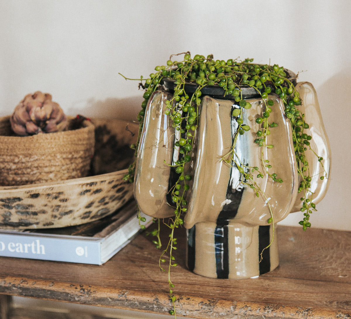 preston boho ceramic designer glazed ceramic vase with black and taupe stripes