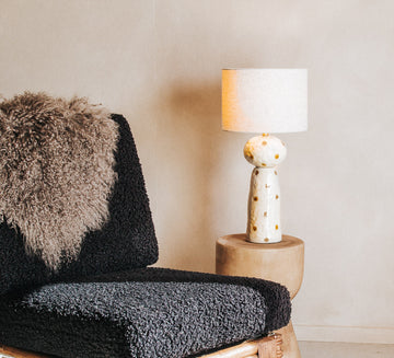 designer boho inerior design ceramic statement lamp with textured glazed and spotted caramel dots