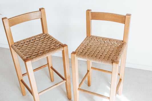 vintage boho wood and seagrass bar stools