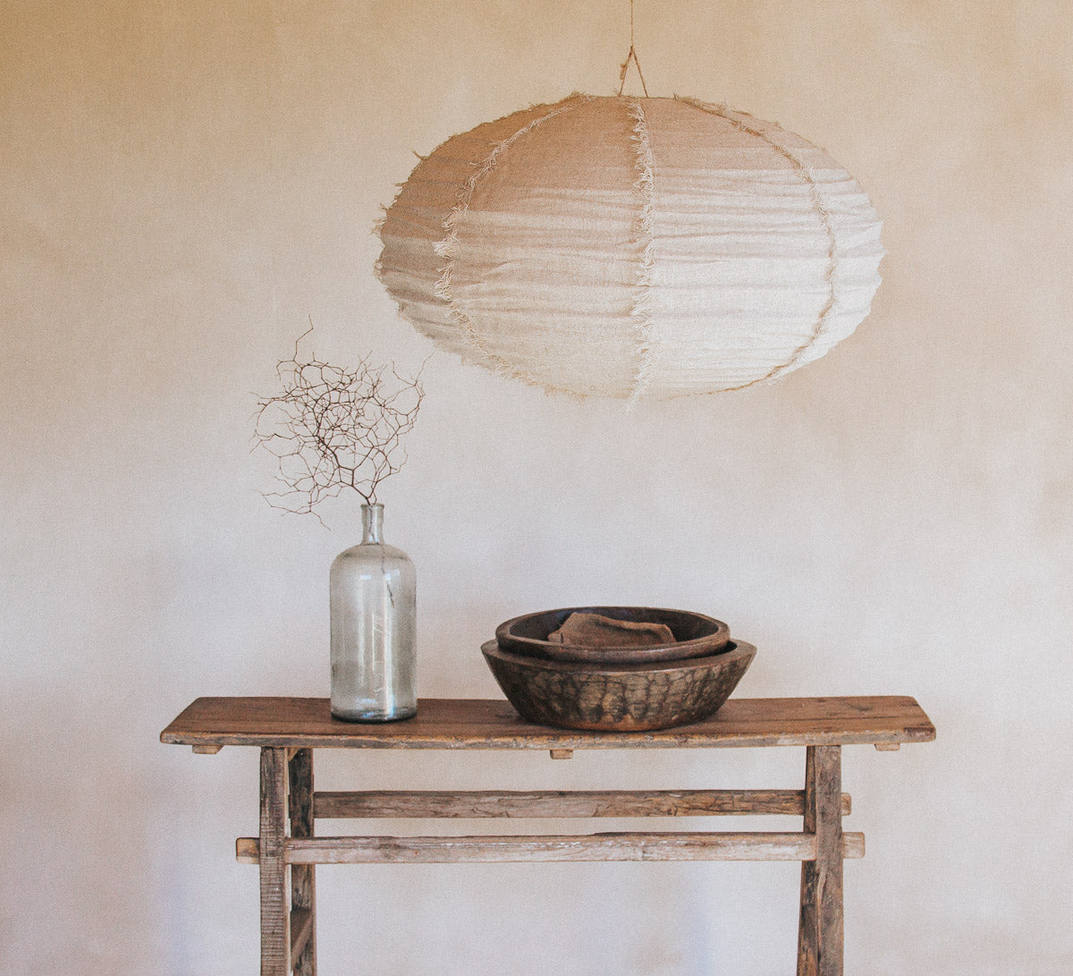 boho halo round 60cm fringed linen designer lightshade pendant light bamboo and natural linen fabric